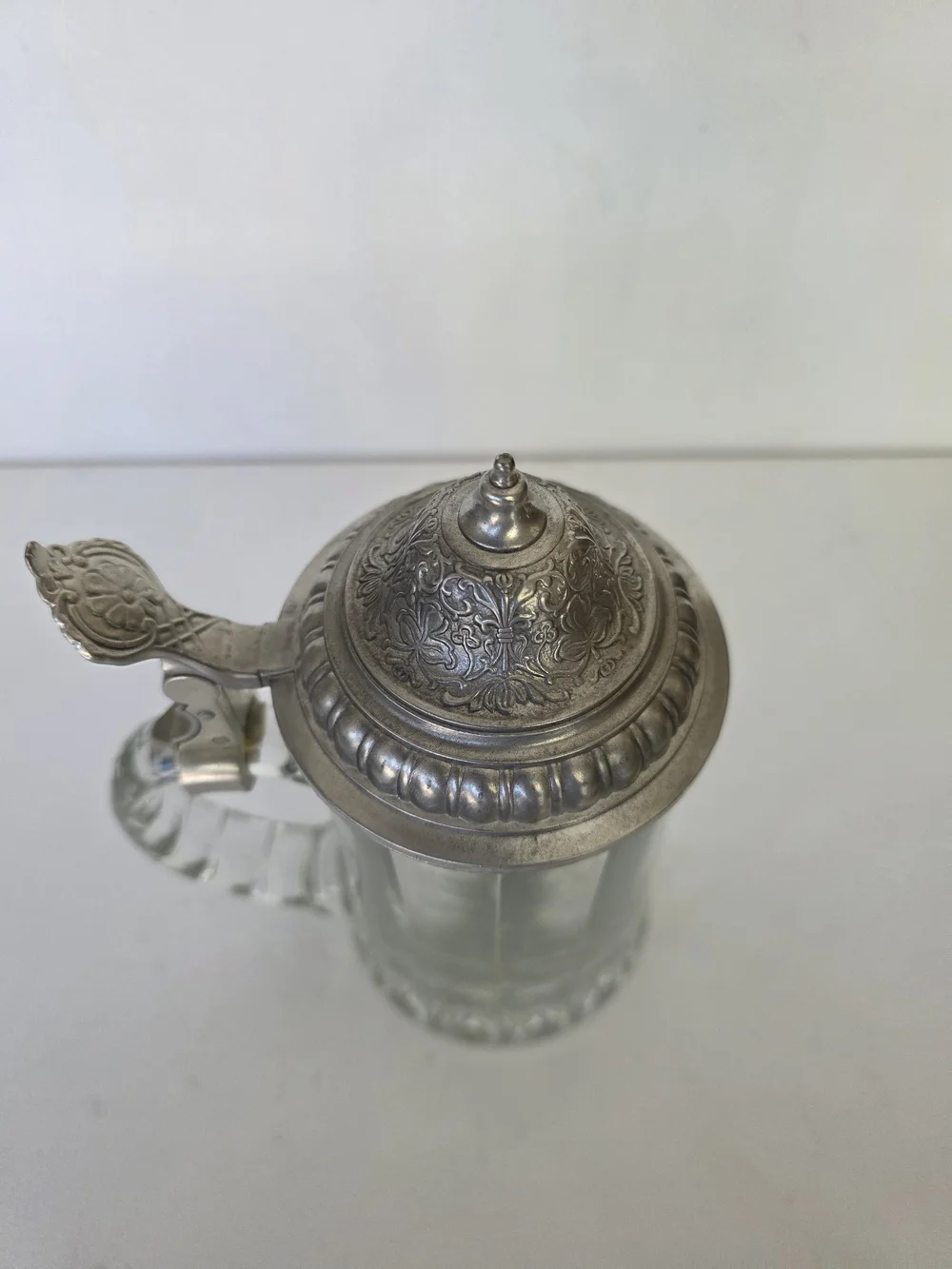 Vintage Clear Glass Beer Stein with Decorative Silver-Tone Hinged Lid